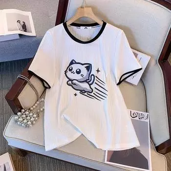 Женская летняя футболка из ледяного шелка больших размеров, топы с короткими рукавами и принтом кота, свободные и тонкие с положительным плечом и круглым вырезом
