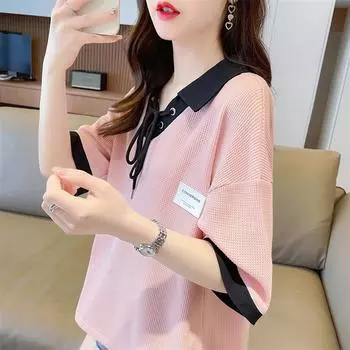 Женская летняя футболка контрастного цвета на шнуровке, милая шикарная футболка, модная повседневная уличная одежда, свободные футболки Y2K, милые топы с короткими рукавами, Ropa XXL зелёный