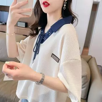 Женская летняя футболка контрастного цвета на шнуровке, милая шикарная футболка, модная повседневная уличная одежда, свободные футболки Y2K, милые топы с короткими рукавами, Ropa S белый