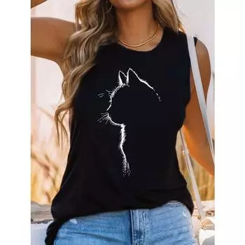 Женская летняя футболка-майка с принтом кота, свободная, без рукавов, облегающая майка без рукавов, топы в уличном стиле L