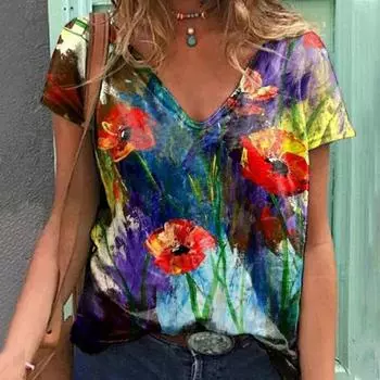 Женская летняя футболка, модная 3D растительная печать, размер 3XL, уличная одежда, женские повседневные свободные топы с v-образным вырезом и короткими рукавами, 2022 2XL