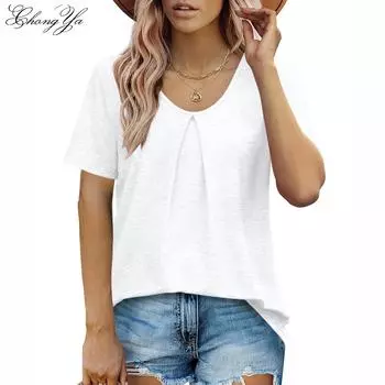 Женская летняя футболка, модный свободный повседневный однотонный топ с v-образным вырезом S