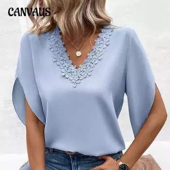 Женская летняя футболка, однотонная кружевная свободная рубашка с v-образным вырезом и расклешенными рукавами, топ с короткими рукавами