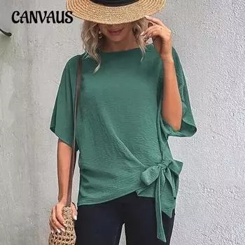 Женская летняя футболка, однотонная, с рукавами «летучая мышь», свободный топ с короткими рукавами и узлом на подоле S чёрный