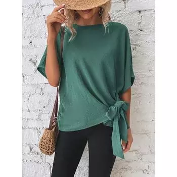 Женская летняя футболка, однотонная, с рукавами «летучая мышь», свободный топ с короткими рукавами и узлом на подоле S чёрный