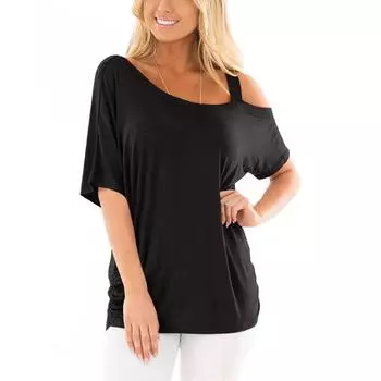 Женская летняя футболка, повседневный асимметричный однотонный свободный топ с короткими рукавами L чёрный