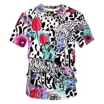 Женская летняя футболка с 3D-принтом животных и цветочным принтом, с круглым вырезом и коротким рукавом, модная свободная и веселая персонализированная футболка больших размеров XS
