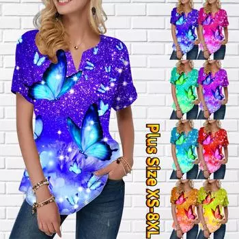 Женская летняя футболка с блестящим принтом бабочки, футболки с короткими рукавами, повседневные топы, маленький v-образный вырез с короткими рукавами XS синий