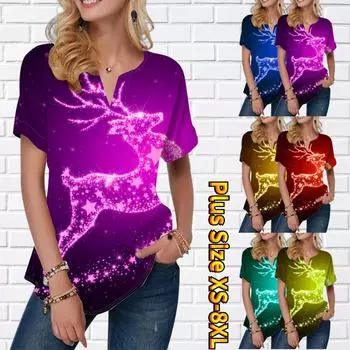 Женская летняя футболка с блестящим принтом оленя, футболки с короткими рукавами, повседневные топы, маленький v-образный вырез, короткие рукава XS синий