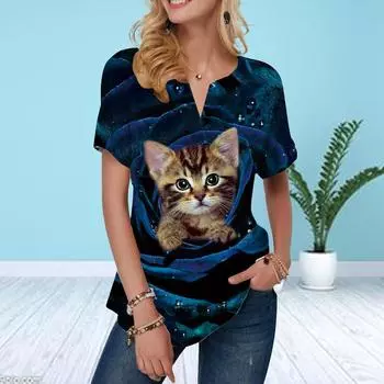 Женская летняя футболка с черной дырой и кошачьим принтом, футболки с короткими рукавами, повседневные топы с принтом, маленький v-образный вырез с короткими рукавами XS синий