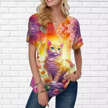 Женская летняя футболка с цветным принтом котов, футболки с короткими рукавами, повседневные топы с принтом, маленький v-образный вырез с короткими рукавами XS фиолетовый
