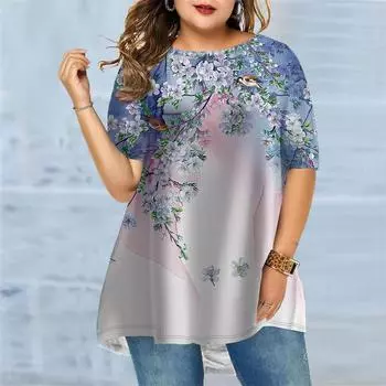 Женская летняя футболка с цветочным принтом больших размеров, удобная футболка с короткими рукавами и круглым вырезом, повседневная мешковатая футболка средней длины XS фиолетовый
