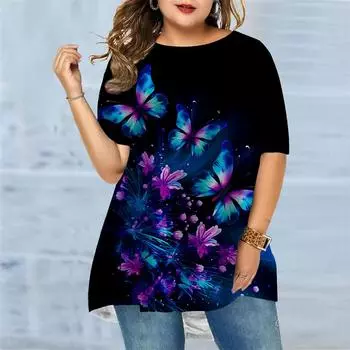 Женская летняя футболка с цветочным принтом больших размеров, удобная футболка с короткими рукавами и круглым вырезом, повседневная мешковатая футболка средней длины XS фиолетовый