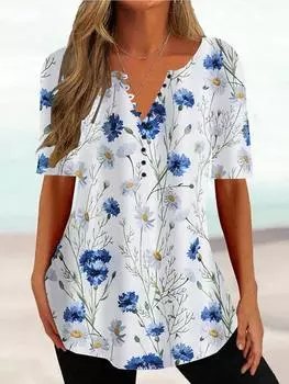 Женская летняя футболка с цветочным принтом и V-образным вырезом, с короткими рукавами, женский винтажный топ средней длины, свободный топ, женская одежда 5XL