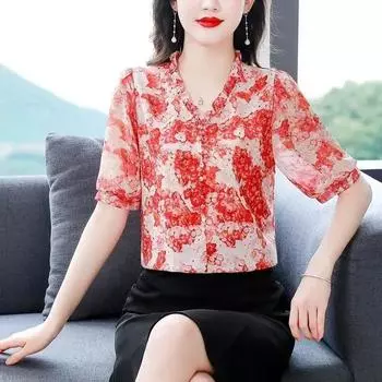 Женская летняя футболка с цветочным принтом и средним рукавом, удобная шифоновая рубашка для мам среднего возраста 4XL