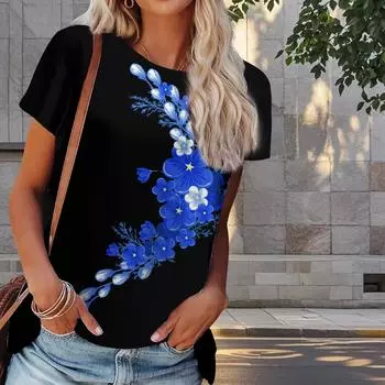 Женская летняя футболка с цветочным принтом в стиле ретро, футболки с коротким рукавом, повседневные топы с принтом XS синий