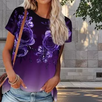 Женская летняя футболка с цветочным принтом в стиле ретро, футболки с коротким рукавом, повседневные топы с принтом XS синий