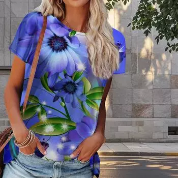 Женская летняя футболка с цветочным принтом в стиле ретро, футболки с коротким рукавом, повседневные топы с принтом XS фиолетовый