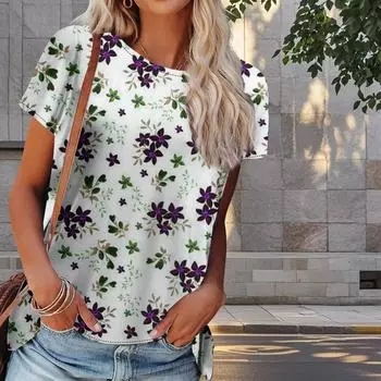 Женская летняя футболка с цветочным принтом в стиле ретро, футболки с коротким рукавом, повседневные топы с принтом XS фиолетовый