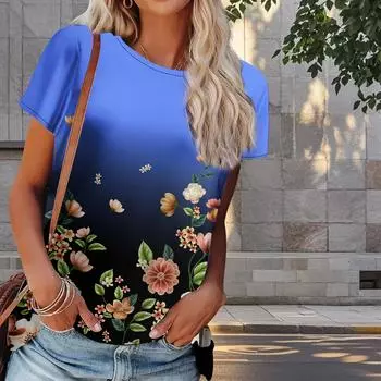 Женская летняя футболка с цветочным принтом в стиле ретро, футболки с коротким рукавом, повседневные топы с принтом XS синий