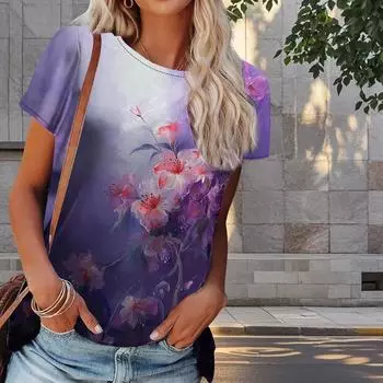 Женская летняя футболка с цветочным принтом в стиле ретро, футболки с коротким рукавом, повседневные топы с принтом XS синий