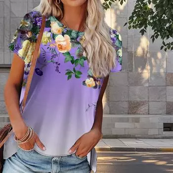 Женская летняя футболка с цветочным принтом в стиле ретро, футболки с коротким рукавом, повседневные топы с принтом XS фиолетовый