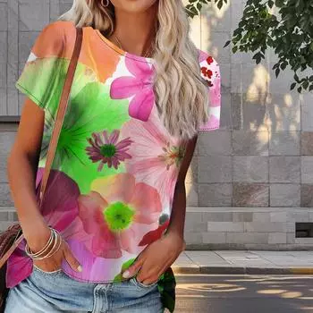 Женская летняя футболка с цветочным принтом в стиле ретро, футболки с коротким рукавом, повседневные топы с принтом XS фиолетовый