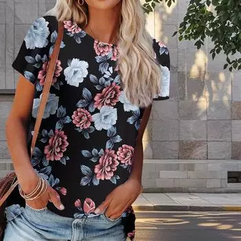 Женская летняя футболка с цветочным принтом в стиле ретро, футболки с коротким рукавом, повседневные топы с принтом XS розовый