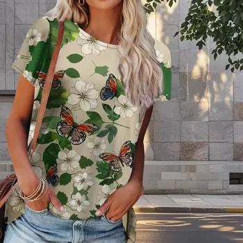 Женская летняя футболка с цветочным принтом в стиле ретро, футболки с коротким рукавом, повседневные топы с принтом XS синий