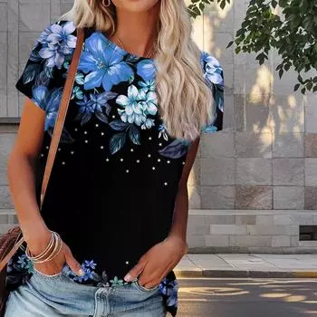 Женская летняя футболка с цветочным принтом в стиле ретро, футболки с коротким рукавом, повседневные топы с принтом XS фиолетовый