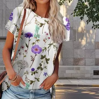 Женская летняя футболка с цветочным принтом в стиле ретро, футболки с коротким рукавом, повседневные топы с принтом XS фиолетовый