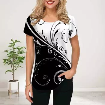 Женская летняя футболка с диагональным принтом пиона, футболки с коротким рукавом, повседневные топы с принтом XS синий