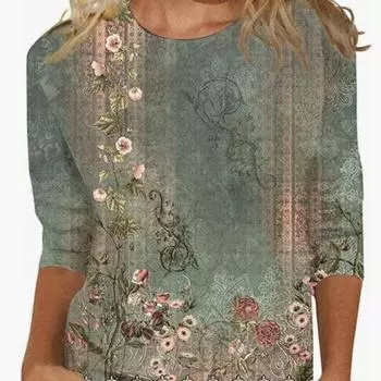 Женская летняя футболка с длинным рукавом и этническим цветочным принтом, облегающая, симпатичная, с круглым вырезом, облегающая, с принтом, футболки (Женский) S