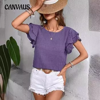 Женская летняя футболка с двойными рюшами и круглым вырезом, темпераментный пуловер S чёрный