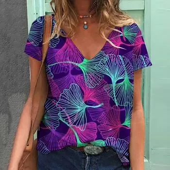 Женская летняя футболка с фиолетовым рогозом и веерным принтом, футболки с короткими рукавами, повседневные топы с принтом XS фиолетовый