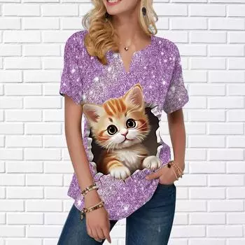 Женская летняя футболка с фиолетовым звездным принтом кота, футболки с короткими рукавами, повседневные топы с принтом, маленький v-образный вырез с короткими рукавами XS фиолетовый
