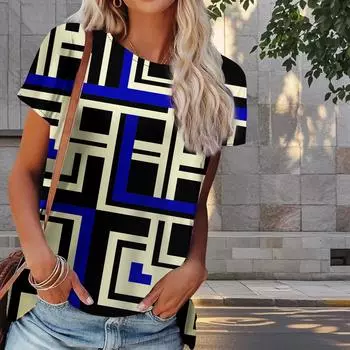 Женская летняя футболка с геометрическим принтом в стиле ретро, футболки с коротким рукавом, повседневные топы с принтом XS синий