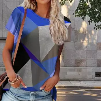 Женская летняя футболка с геометрическим рисунком, ретро-мода, футболки с коротким рукавом, повседневные топы с принтом XS фиолетовый