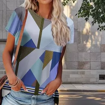 Женская летняя футболка с геометрическим рисунком, ретро-мода, футболки с коротким рукавом, повседневные топы с принтом XS зелёный