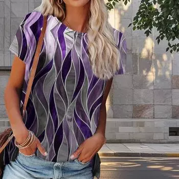 Женская летняя футболка с геометрическим рисунком, ретро-мода, футболки с коротким рукавом, повседневные топы с принтом XS синий