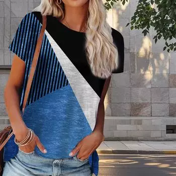 Женская летняя футболка с геометрическим рисунком, ретро-мода, футболки с коротким рукавом, повседневные топы с принтом XS фиолетовый