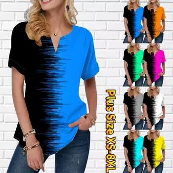 Женская летняя футболка с градиентным принтом, футболки с короткими рукавами, повседневные топы, маленький v-образный вырез с короткими рукавами XS синий