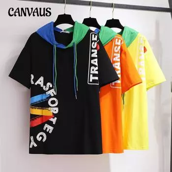 Женская летняя футболка с капюшоном и коротким рукавом больших размеров, свободный топ с цветными блоками в стиле граффити 2XL чёрный