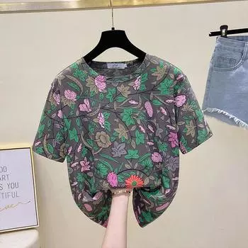 Женская летняя футболка с коротким рукавом больших размеров — корейский стиль, свободный крой, легкая, универсальный дизайн с новым принтом. 4XL серый