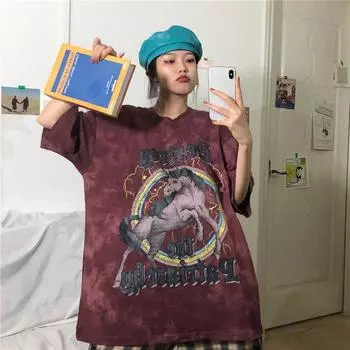 Женская летняя футболка с коротким рукавом для пар с круглым воротником и буквенным принтом, топ со свободным низом, уличная футболка с короткими рукавами, окрашенная в галстук XXL красный