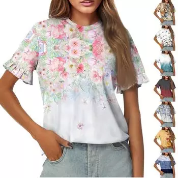 Женская летняя футболка с коротким рукавом и рюшами с принтом и круглым вырезом L синий