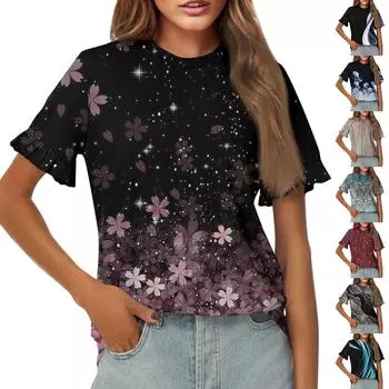 Женская летняя футболка с коротким рукавом и рюшами с принтом и круглым вырезом L синий