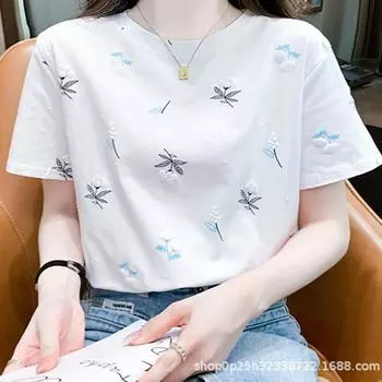 Женская летняя футболка с коротким рукавом и круглым вырезом с цветочной вышивкой, блузка, топ S белый