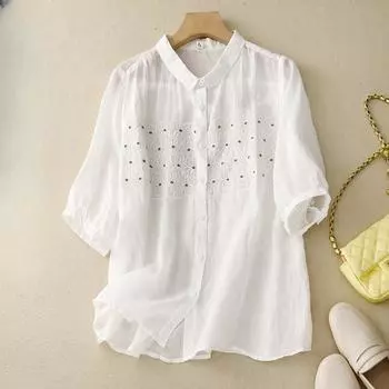 Женская летняя футболка с коротким рукавом из тонкого хлопка, свободный вышитый топ в стиле ретро 2XL белый