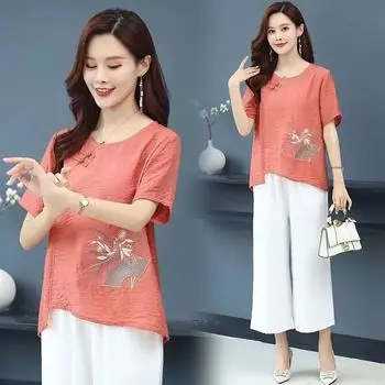 Женская летняя футболка с коротким рукавом из хлопка и льна с вышивкой в китайском винтажном стиле, свободный и удобный топ 4XL красный